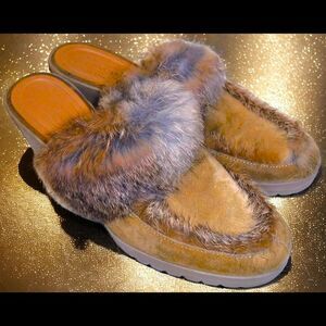 Coach tan suede thick fur accent wedge mules